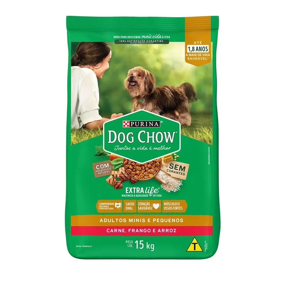 DOG CHOW EXTRALIFE ADULTO MINI PEQUENO CARNE FRANGO E ARROZ 15KG