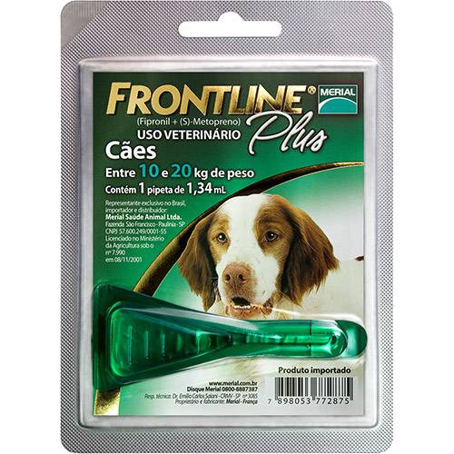 FRONTLINE PLUS ANTI-PULGAS E CARRAPATOS P/ CÃES 1,34 ML / TAM -M (10-20KG)