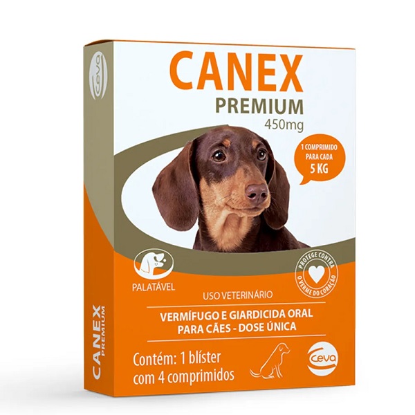 VERMÍFUGO CEVA PARA CÃES CANEX PREMIUM 450 MG - 5 KG C/ 4 COMPRIMIDOS