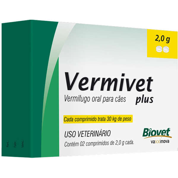 VERMÍFUGO BIOVET VERMIVET PLUS 2,0 G C/ 2 COMPRIMIDOS P/ CÃES