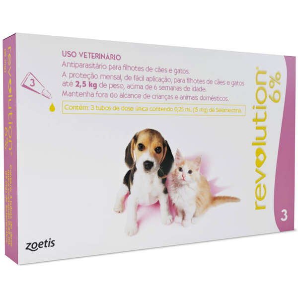 ANTIPARASITÁRIO ZOETIS REVOLUTION 6% / 0,25 ML / 15 MG PARA CÃES E GATOS ATÉ 2,5 KG C/ 3 PIPETAS