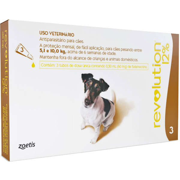 ANTIPARASITÁRIO ZOETIS REVOLUTION 12% / 0,50 ML / 60 MG PARA CÃES DE 5 A 10 KG C/ 3 PIPETAS