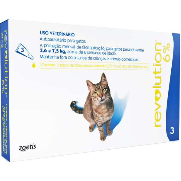 ANTIPARASITÁRIO ZOETIS REVOLUTION 6% / 0,75 ML / 45 MG PARA GATOS DE 2,6 A 7,5 KG C/ 3 PIPETAS