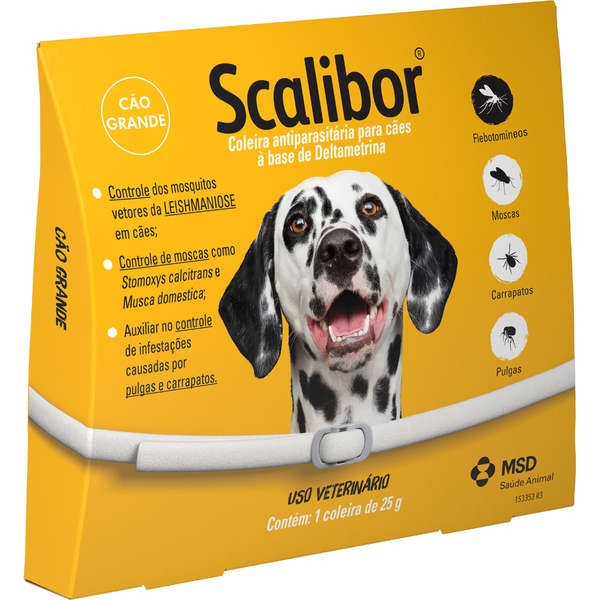 COLEIRA ANTIPARASITÁRIA MSD PARA CÃES SCALIBOR 65 CM / 25 G (COMERCIALIZAÇÃO ATÉ JAN/26) (UTILIZA