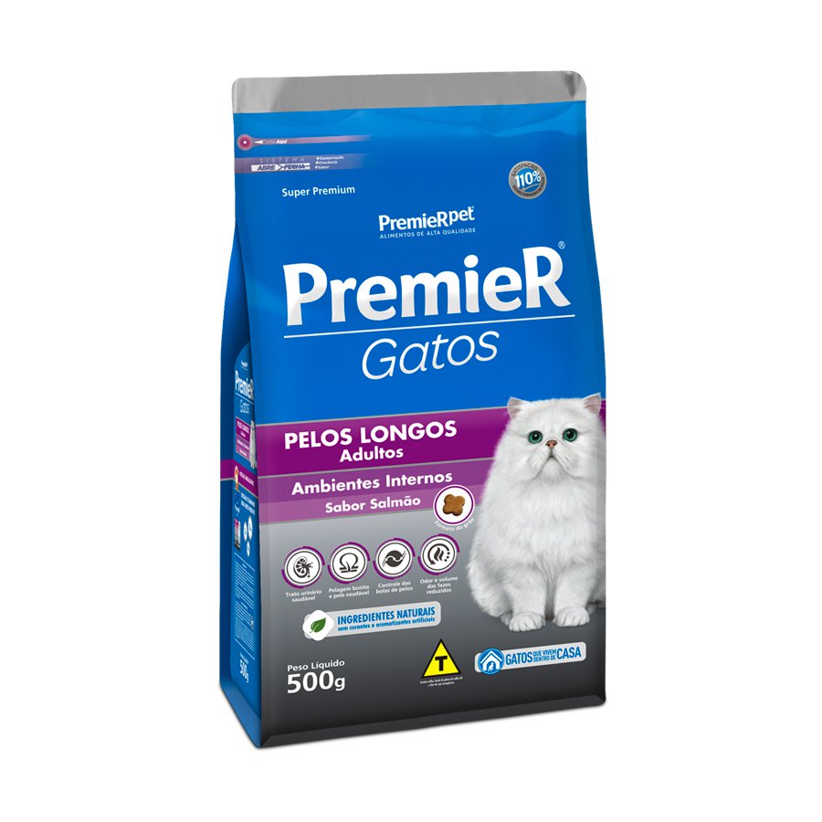 PREMIER AMBIENTES INTERNOS GATOS ADULTOS PELOS LONGOS SALMÃO 500 G