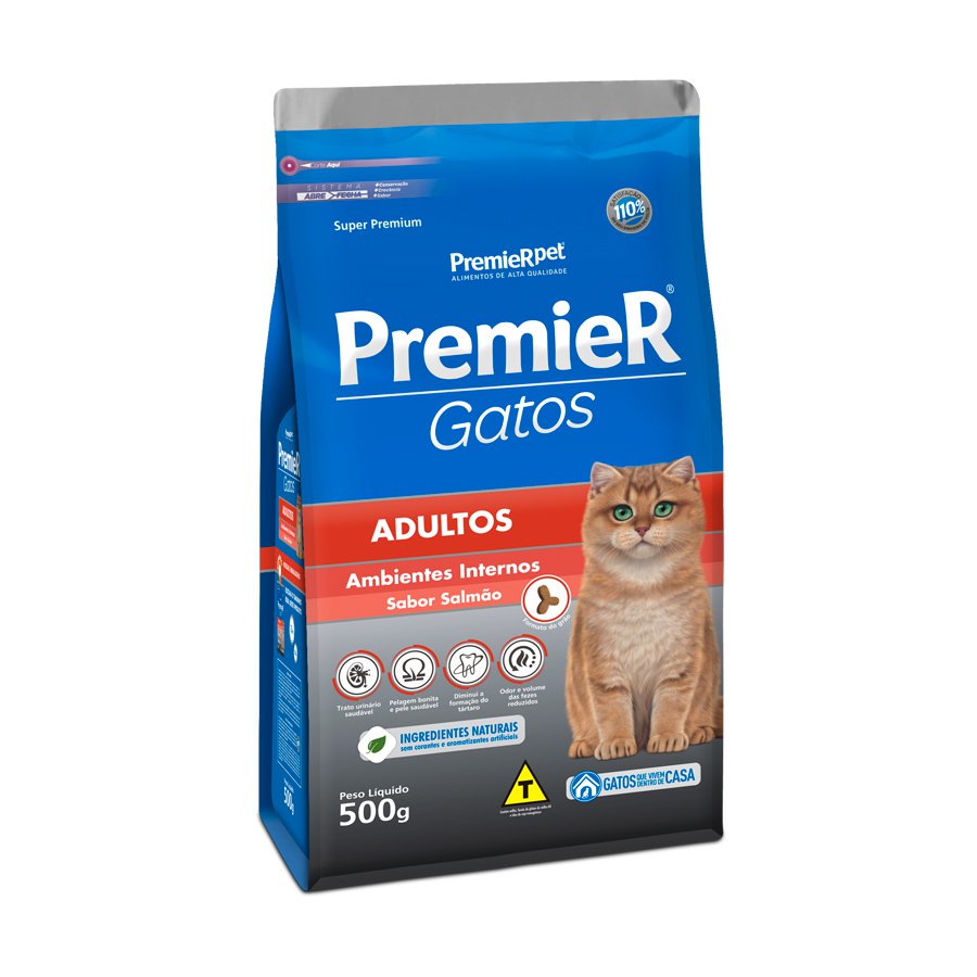 PREMIER AMBIENTES INTERNOS GATOS ADULTOS SALMÃO 500 G