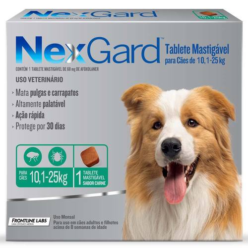 NEXGARD ANTIPULGAS E CARRAPATOS CÃES 10,1 A 25 KG COM 1 TABLETE 68 MG