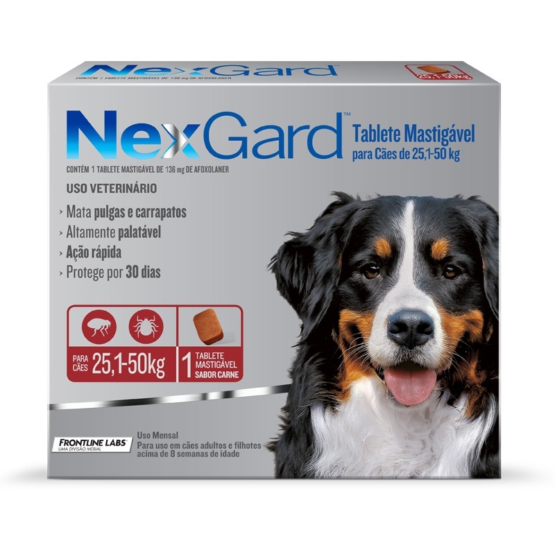 NEXGARD ANTIPULGAS E CARRAPATOS CÃES 25,1 A 50 KG COM 1 TABLETE 136 MG