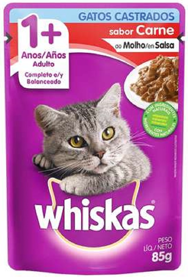 WHISKAS SACHÊ P/ GATOS ADULTOS CASTRADOS CARNE AO MOLHO 85 G