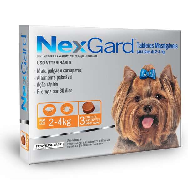 NEXGARD ANTIPULGAS E CARRAPATOS CÃES 2 A 4 KG COM 3 TABLETES 11,3 MG