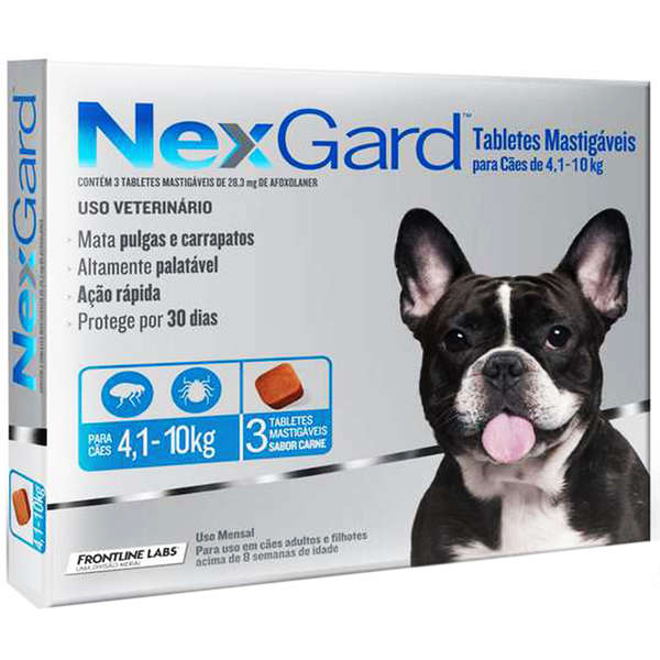 NEXGARD ANTIPULGAS E CARRAPATOS CÃES 4,1 A 10KG COM 3 TABLETES 28,3 MG