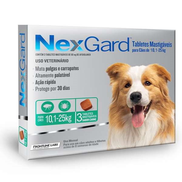 NEXGARD ANTIPULGAS E CARRAPATOS CÃES 10,1 A 25 KG COM 3 TABLETES 68 MG