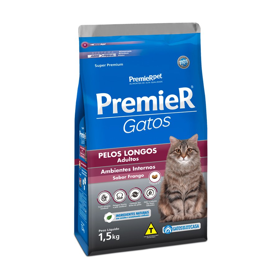 PREMIER AMBIENTES INTERNOS GATOS ADULTOS PELOS LONGOS FRANGO 1,5 KG