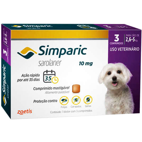 SIMPARIC ANTIPULGA, ANTICARRAPATICIDA E SARNICIDA ZOETIS 10MG 3 COMPRIMIDOS (2,6KG A 5KG)