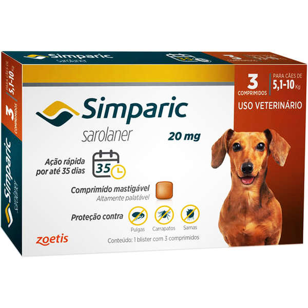 SIMPARIC ANTIPULGA, ANTICARRAPATICIDA E SARNICIDA ZOETIS 20MG 3 COMPRIMIDOS (5,1KG A 10KG)