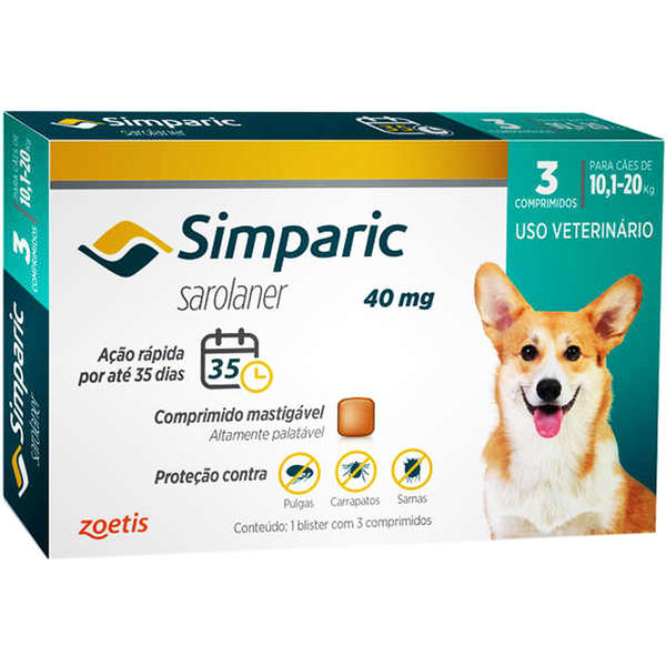 SIMPARIC ANTIPULGA, ANTICARRAPATICIDA E SARNICIDA ZOETIS 40MG 3 COMPRIMIDOS (10KG A 20KG)