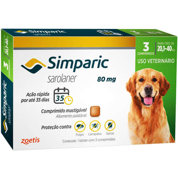 SIMPARIC ANTIPULGA, ANTICARRAPATICIDA E SARNICIDA ZOETIS 80MG 3 COMPRIMIDOS (20,1 A 40 KG)