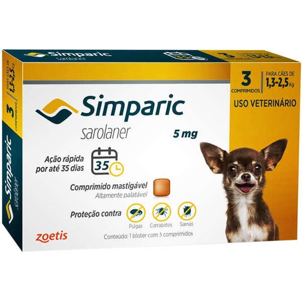 SIMPARIC ANTIPULGA, ANTICARRAPATICIDA E SARNICIDA ZOETIS 5MG 3 COMPRIMIDOS (1,3KG A 2,5KG)