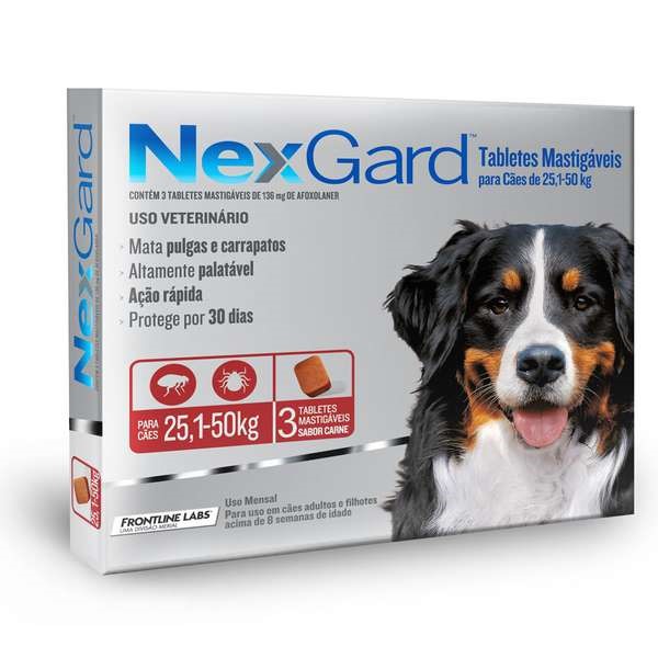 NEXGARD ANTIPULGAS E CARRAPATOS CÃES 25,1 A 50 KG COM 3 TABLETES 136 MG