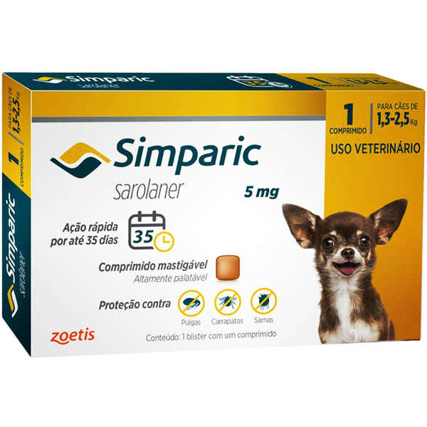 SIMPARIC ANTIPULGA, ANTICARRAPATICIDA E SARNICIDA ZOETIS 5MG 1 COMPRIMIDO (1,3 A 2,5 KG)