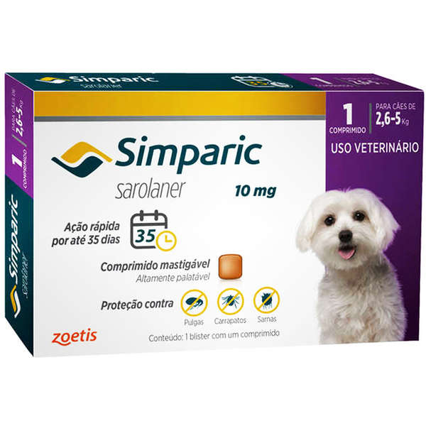 SIMPARIC ANTIPULGA, ANTICARRAPATICIDA E SARNICIDA ZOETIS 10MG 1 COMPRIMIDO 2,6 KG A 5 KG