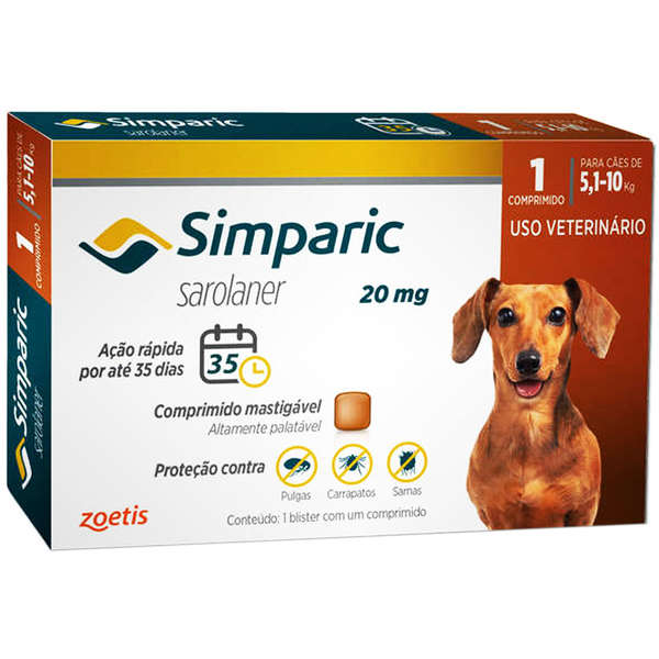 SIMPARIC ANTIPULGA, ANTICARRAPATICIDA E SARNICIDA ZOETIS 20MG 1 COMPRIMIDO (5,1KG A 10KG)