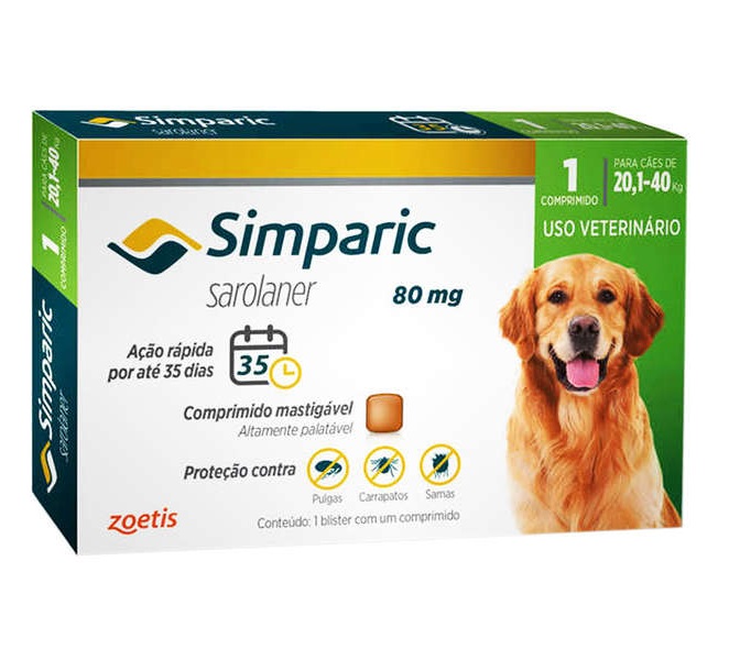 SIMPARIC ANTIPULGA, ANTICARRAPATICIDA E SARNICIDA ZOETIS 80MG 1 COMPRIMIDO (20,1KG A 40KG)