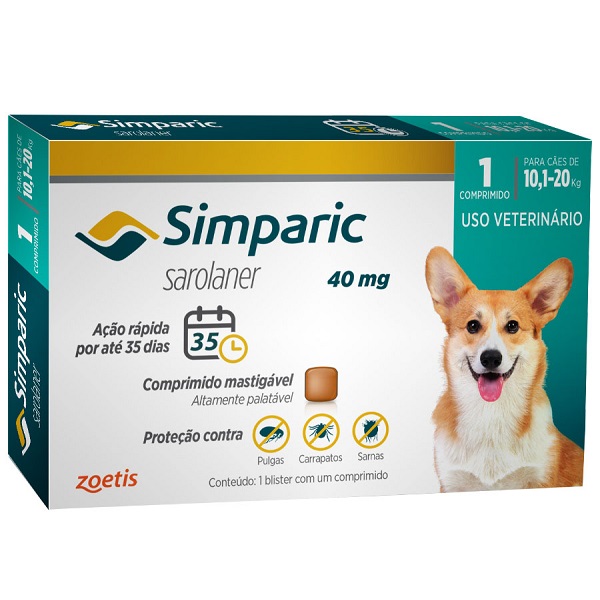 SIMPARIC ANTIPULGA, ANTICARRAPATICIDA E SARNICIDA ZOETIS 40MG 1 COMPRIMIDO (10,1KG A 20KG)