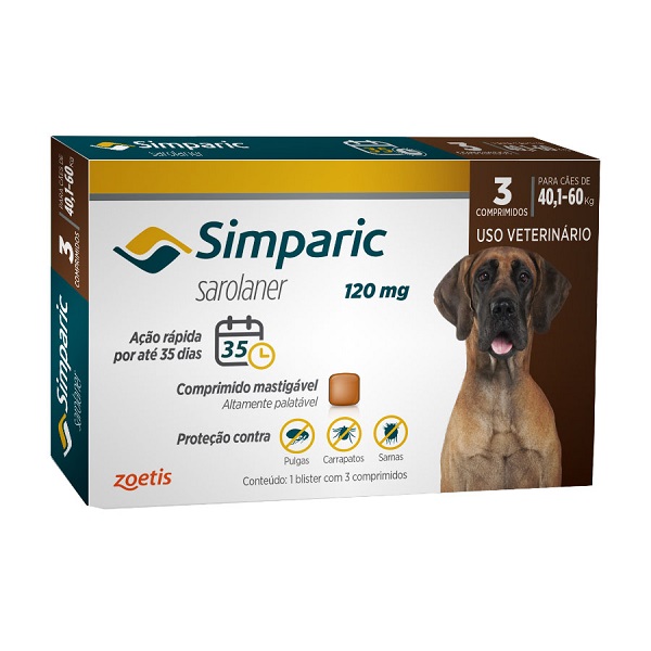 SIMPARIC ANTIPULGA, ANTICARRAPATICIDA E SARNICIDA ZOETIS 120MG 3 COMPRIMIDOS (40,1KG A 60KG)