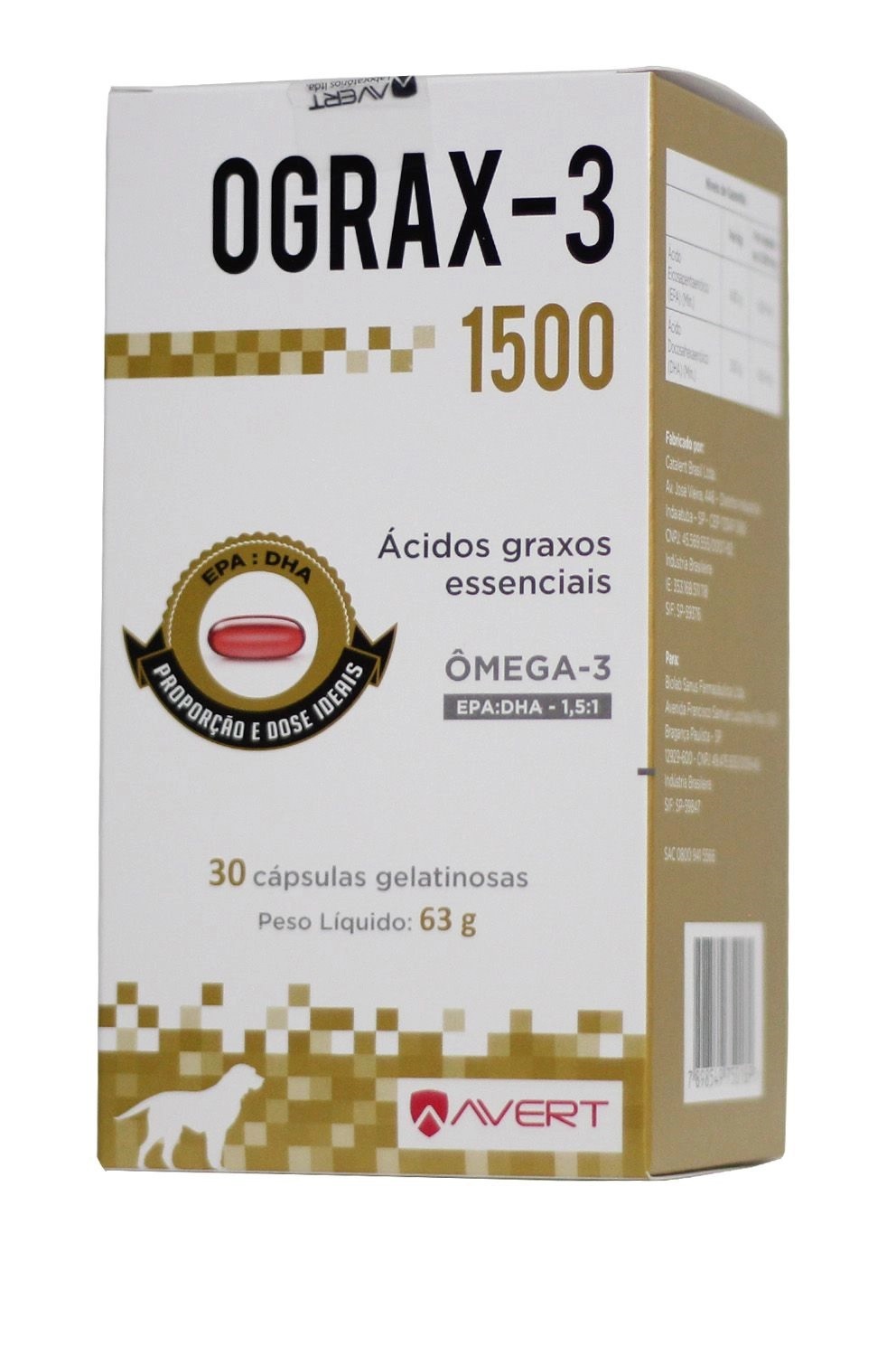 SUPLEMENTO AVERT OGRAX-3 1500 MG PARA CÃES 30 CAPSULAS / 63 G