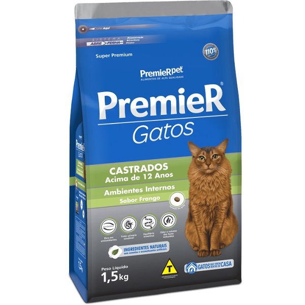 PREMIER AMBIENTES INTERNOS GATOS CASTRADOS + 12 ANOS FRANGO 1,5 KG