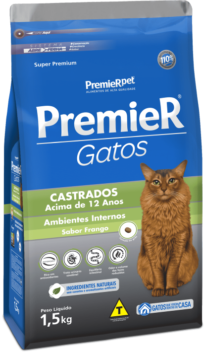 PREMIER AMBIENTES INTERNOS GATOS CASTRADOS + 12 ANOS FRANGO 1,5 KG