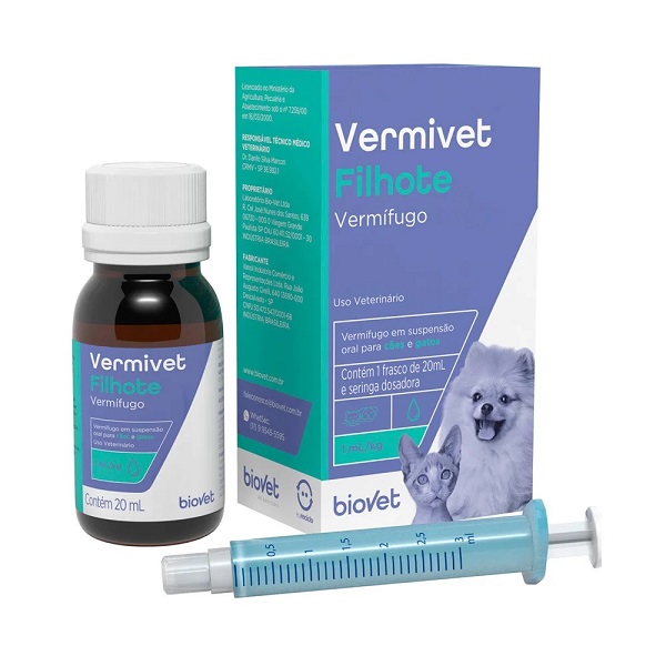 VERMÍFUGO BIOVET VERMIVET FILHOTE SUSPENSÃO 20 ML P/ CÃES E GATOS (C12)