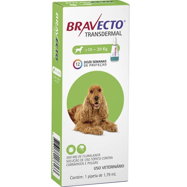 BRAVECTO ANTIPULGAS E CARRAPATOS TRANSDERMAL CÃES DE 10 A 20 KG - 500 MG.