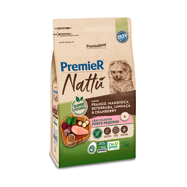 PREMIER NATTU FRANGO/MANDIOCA/BETERRABA/LINHACA/CRANBERRY P/ CÃES FILHOTES 2,5 KG