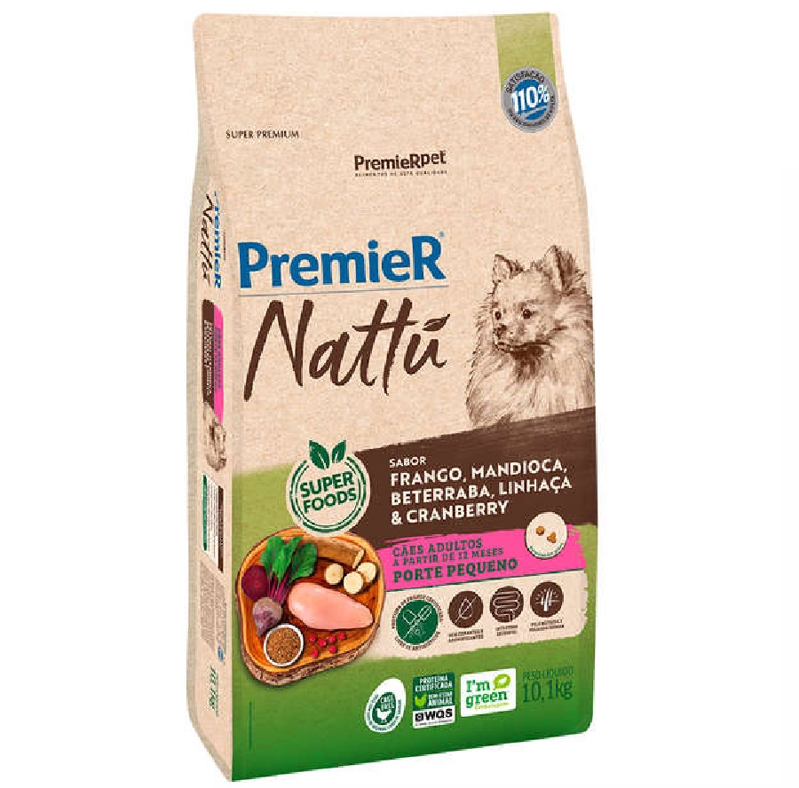 PREMIER NATTU FRANGO/MANDIOCA/BETERRABA/LINHACA/CRANBERRY CAES ADULTOS PORTE PEQUENO 10,1 KG