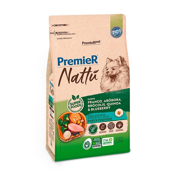 PREMIER NATTU CAES ADULTOS RACAS PEQUENAS FRANGO/ABOBORA/BROCOLIS/QUINOA/BLUEBERRY 1 KG