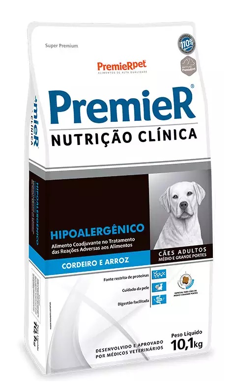 PREMIER NUTRIÇAO CLINICA HIPOALERGENICO CORDEIRO/ARROZ CAES RAÇAS MEDIAS/GRANDES 10,1 KG