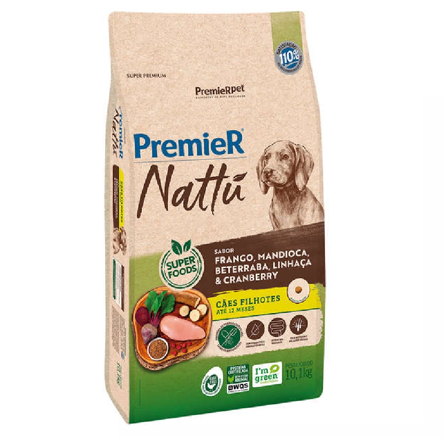 PREMIER NATTU FRANGO/MANDIOCA/BETERRABA/LINHAÇA/CRANBERRY CAES FILHOTES 10,1 KG