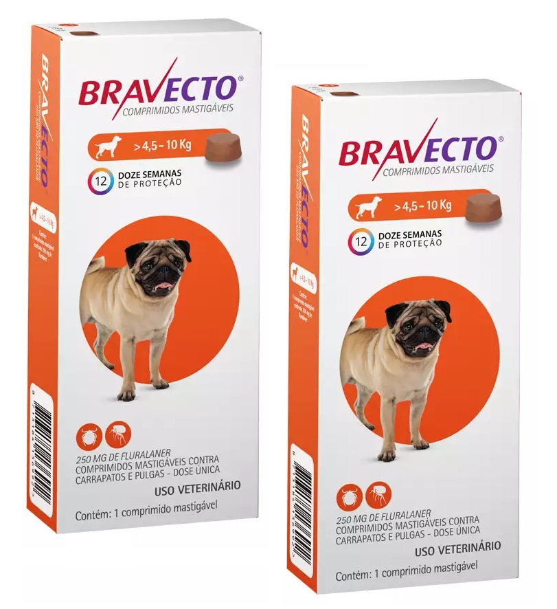 COMBO 2 UNIDADES BRAVECTO ANTIPULGAS E CARRAPATOS CÃES DE 4,5 A 10 KG - 250 MG