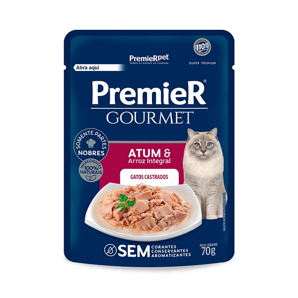 PREMIER GOURMET SACHÊ GATOS ADULTOS CASTRADOS ATUM E ARROZ INTEGRAL 70G