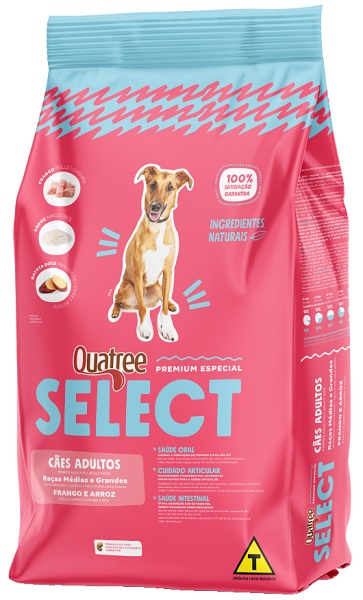 QUATREE SELECT CAES ADULTOS RAÇAS MÉDIAS/GRANDES FRANGO E ARROZ 15KG