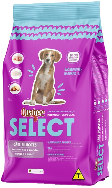 QUATREE SELECT CÃES FILHOTES RAÇAS MÉDIAS GRANDES FRANGO E ARROZ 15KG