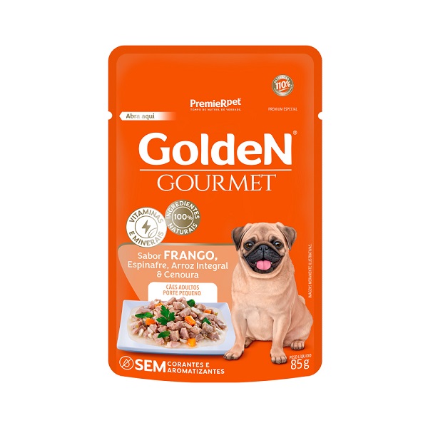 RAÇÃO ÚMIDA GOLDEN GOURMET CÃES ADULTOS  PORTE PEQUENO FRANGO 85G