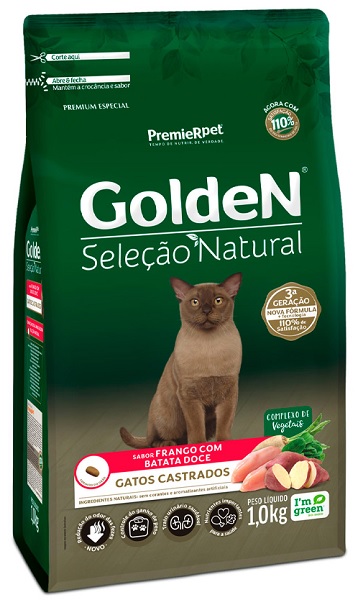 GOLDEN SELECAO NATURAL GATOS ADULTOS CASTRADOS FRANGO C/ BATATA DOCE 1KG