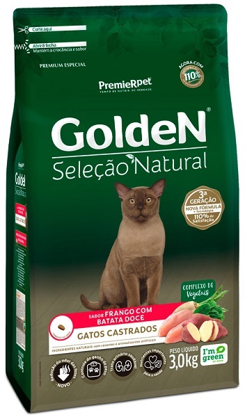 GOLDEN SELEÇÃO NATURAL GATOS ADULTOS CASTRADOS FRANGO C/ BATATA DOCE 3KG