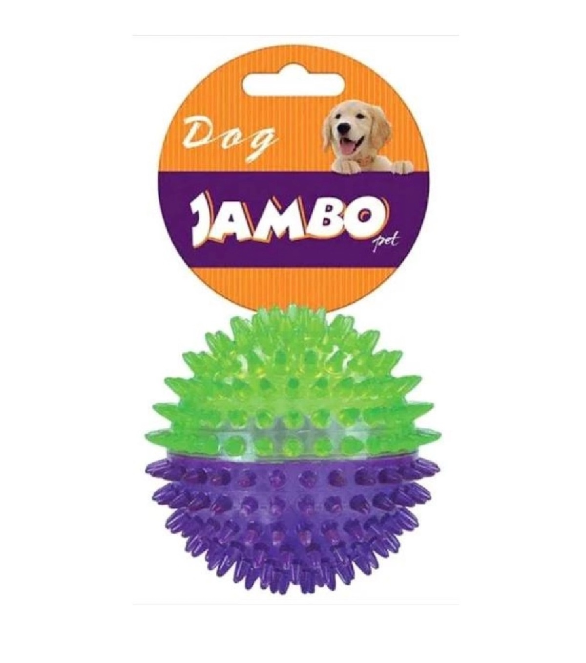 BOLA TPR PEQUENA ESPINHO DUAL ROXO / VERDE SONORO JAMBO (6CM DIAMETRO)