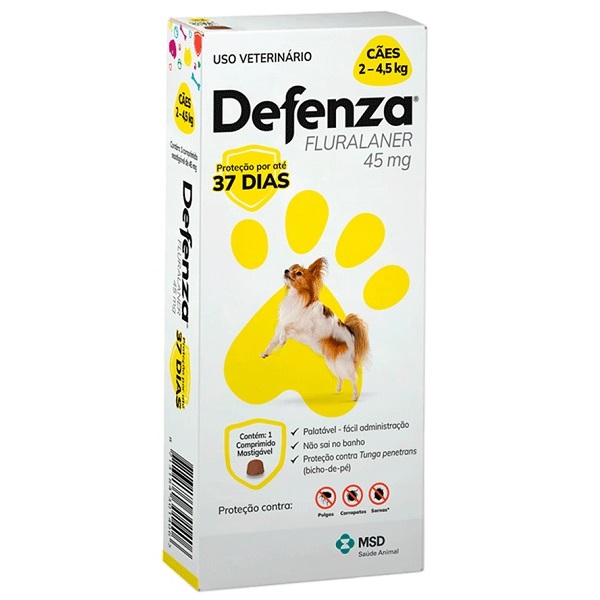 DEFENZA ANTIPULGAS E CARRAPATOS PARA CÃES DE 2 A 4,5KG 1 COMPRIMIDO - 45MG