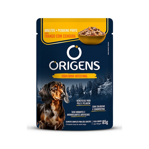 RAÇÃO ÚMIDA ORIGENS SACHE CAES PORTE PEQUENO FRANGO COM CENOURA 85G